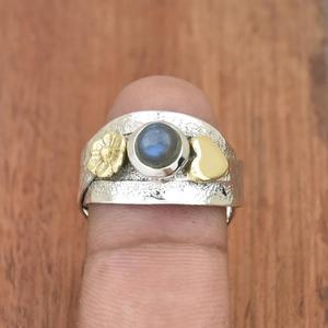 Bague Labradorite Argent Sterling 925 Deux Tons Fleur Coeur Bague Boho Cadeau Pour Femme - Product Image 3