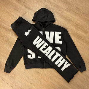 Survêtement de broderie en détresse pour hommes hiver coton évasé survêtements de course nouveau Style Joggers Streetwear à capuche ensemble solide - Product Image 1