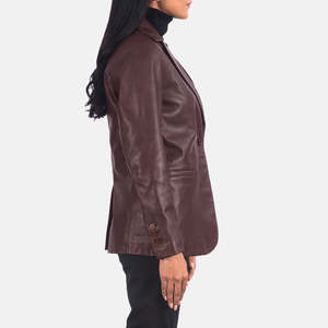 Norma Maroon Leather <b>Blazer</b> with Single Button Closure Knitted and Woven Weaving Embroidery and Print Decoration - Product Image 5
