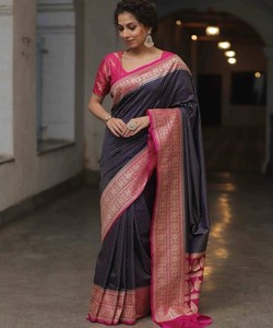 FANCY LICHI SEDA JACQUARD TEJIDO TRABAJO SAREE CON BLUSA SIN COSTURA DESPIECE DE FIESTA PRECIO AL POR MAYOR ROPA ÉTNICA AZUL MARINO - Product Image 3