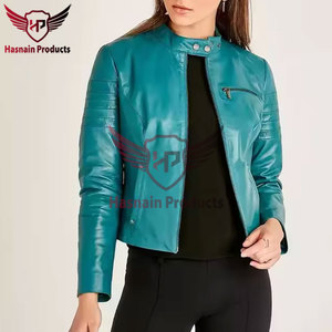 Womens Real Teal Leather Biker Jacket Stand Collar <b>Quilted</b> Sleeve Sheepskin Coat Zip Pockets Slim Fit Custom Outwear New Look - Product Image 2