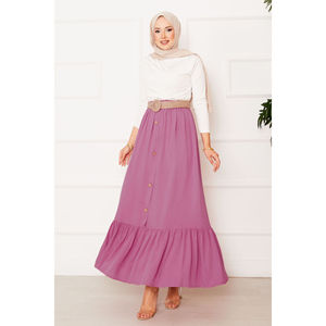 Rose Pink Modest Chiffon Pencil <b>Skirt</b> with <b>Elastic</b> Waist & Button Detail Comfortable & Breathable Digital Printed Made Spandex - Product Image 1