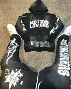 Survêtement imprimé bouffant personnalisé noir Streetwear Ensemble pantalons de survêtement et sweats à capuche Hip Hop 3d Puff Survêtement pour hommes - Product Image 1