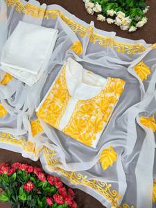 Traje Salwar cosido con cadena amarilla y blanca de alta calidad, tela de seda Georgette de imitación para ropa de fiesta de mujeres indias - Product Image 6