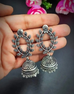 Premium Women's Vjoshijewels Vintage Oxidised <b>Silver</b> Leaf <b>Jhumka</b> Earrings Lightweight Comfortable Traditional Indian Design - Product Image 1