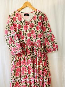 Vestido Midi informal con estampado de bloques de ciprés verde para mujer, vestido de algodón con cuello cerrado para mujer, de fabricante y exportador indio - Product Image 4