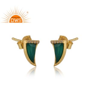 Horn Style <b>Sterling</b> <b>Silver</b> 18K Gold Plated Natural Cz & Green Onyx Gemstone <b>Stud</b> Earring Jewelry Manufacturer - Product Image 3