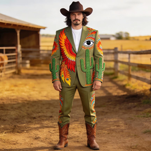 Traje Bordado Estilo Vaquero Verde Oliva para Hombre, Blazer y Pantalones con Diseño de Fénix, Ojo y Cactus - Product Image 1