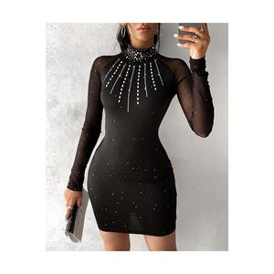 Micro Mini abito da donna con dettagli in pietra e Tulle a maniche lunghe - Product Image 1