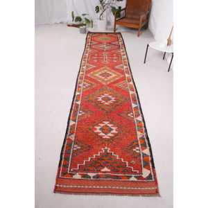 Turkish Vintage <b>Runner</b> Rug 2.8x12.5 ft, <b>Red</b> Gray Floral Rug - Product Image 1