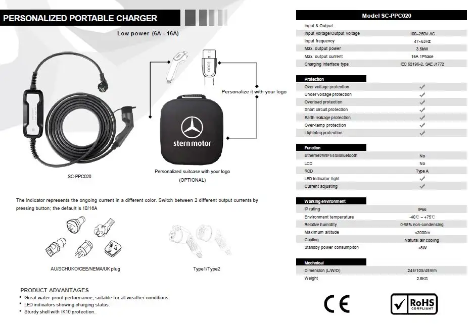 Carregador portátil personalizável para carro elétrico, 3,6kW, 16A, tipo Schuko a tipo 2, monofásico, 5,5 metros.