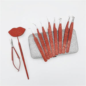 Juego de pinzas de extensión de pestañas de acero inoxidable de calidad superior profesional, agarre de diamante de oro rojo, herramientas de belleza hechas a mano - Product Image 1