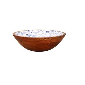 Handcrafted Mango Wood Salad Bowl with Tropical Leaf Floral Enamel Inner Lining Wholesale Customize Handmade Wooden Serving Bowl - Product Image 4