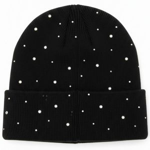 Bonnet unisexe en tricot avec strass, noir, orné de cristaux, chapeau d'hiver doux et extensible, style streetwear, bonnet à revers - Product Image 6