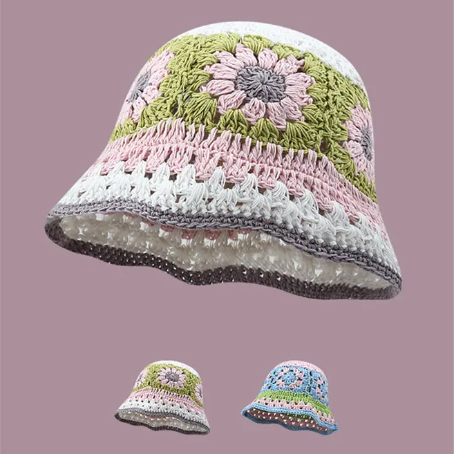 2023 женская вязаная шапка-ведро ручной работы Летняя вязаная дышащая шляпа с цветами