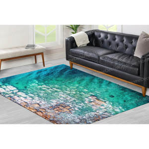 Tapis imprimé en patchwork de laine avec vue sur l'océan - Support en latex écologique - Décoration de bureau et de salle à manger côtière - Product Image 1