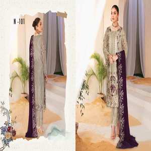 Ramsha Volume NAYAB porte Original de marque pakistanaise 3 pièces en mousseline de soie non cousue Salwar Kameez lourd brodé multi indien - Product Image 2