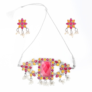 Gargantilla Vintage con Flores Rojas y Amarillas, Adornada con Perlas de Imitación y Diamantes - Product Image 2