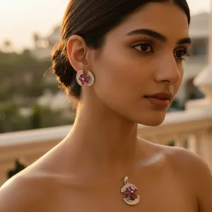 Ensemble de boucles d'oreilles et de pendentif en zircon plaqué or fin pour femmes, bijoux de fête et de mariage - Product Image 3