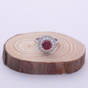 IGI Certified Round Ruby Double Halo Diamond <b>Ring</b> in 18K White / Rose & Yellow Gold - Product Image 2