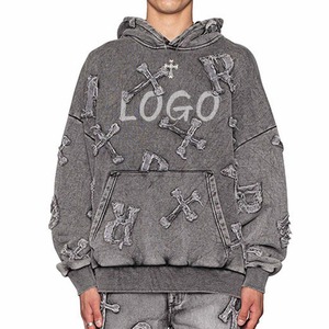 Patchs personnalisés en denim vieilli lettres brodées, sweat à capuche surdimensionné vintage en détresse, sweat à capuche OEM Streetwear, lavé à l'acide - Product Image 1