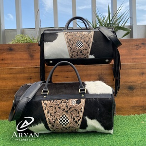 Equipaje de viaje de cuero de vaca genuino Vintage a la moda, conjunto combinado de diseño a cuadros de 2 piezas, bolsa de lona, regalo para mujer - Product Image 1