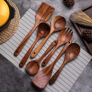 Juego de herramientas de sartén antiadherente de cocina de madera, 7 piezas, juego de utensilios de cocina de madera de teca Natural 100% con espátula, cucharas para servir - Product Image 3