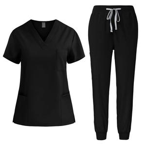 Ensemble de gommages pour femmes avec poche à manches courtes, col en V, hauts d'infirmière, couleur unie, uniforme de travail, chemisier avec poche, uniforme hospitalier - Product Image 2