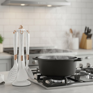 7-PCs Imported <b>Silicone</b> Kitchen Utensil Set White Dotted Handle Spoon Heat Resistant Rubber Cooking <b>Tool</b> Set - Product Image 1