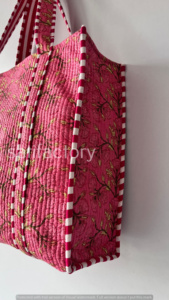 Handmade <b>Large</b> Floral Cotton Tote <b>Bag</b> Block Print Reversible Quilted Zipper and <b>Drawstring</b> Closure for Shopping or Beach Use - Product Image 2