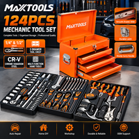 Maxxtools – Kit d'outils de garage 124 pièces, coffre à outils en acier à 3 tiroirs, clé à cliquet 1/4 1/2, jeu de douilles, pinces, tournevis, tension