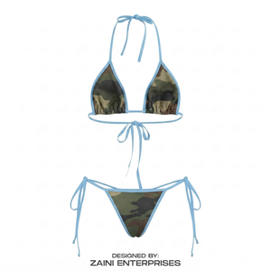 Ensemble de bikini pour femmes, tissu polyester extensible de qualité supérieure 240g, bleu, bretelles à nouer, motif uni, bouton, taille haute, décolleté plongeant, antibactérien - Product Image 2