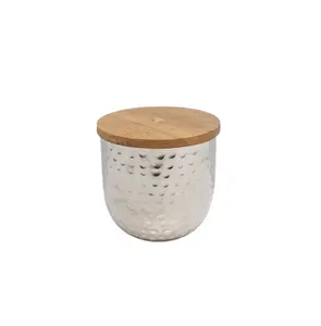 Aluminum And Wood Round Shaped Box With LID Acacia Wood Natural Finishing Use For Home And Hotel Decoration