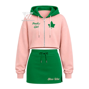 Vente en gros Alpha grec |   Kapa |   Vêtements Alpha Sorority pour femmes, ensemble 2 pièces brodé bicolore, sweat à capuche court zippé et jupe - Product Image 1