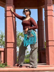 Bolso con flecos de cuero de piel de estilo occidental para mujer, bolso de cuero tallado con herramientas turquesa, bolsos de cuero de estilo bohemio - Product Image 4