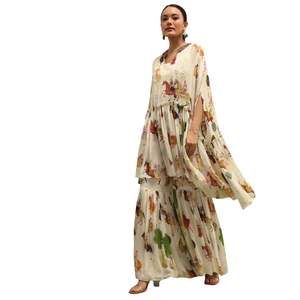 Conjunto Sharara de Top corto de Georgette con estampado blanco con Dupatta para fiesta, boda, ocasión festiva de verano, ropa India - Product Image 4