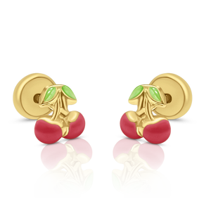 Boucles d'oreilles clous cerise en or massif 9K (disponibles en 10K-14K-18K) pour femmes, enfants et jeunes enfants, à visser, fabriquées en Espagne - Product Image 1