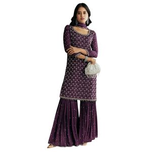 Kurta Sharara de trabajo de lentejuelas Chinon púrpura oscuro con Dupatta para recepción festiva de fiesta de boda y celebraciones culturales personalizadas - Product Image 2