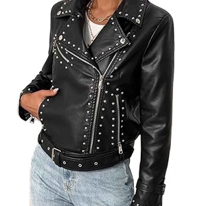Womens Studded Genuine Leather Jacket Punk Rock Biker Style Custom Logo Slim Fit Motorcycle Jacket Lace Breathable - Product Image 2