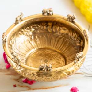 Pure Brass Traditional Design Urli with <b>Elephant</b> Statue Embossed for Diwali Occasions - Product Image 3