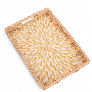 Handmade Rattan <b>Tray</b> Inlaid with Mother of Pearl for Simple Food Serving and Home <b>Table</b> Arrangement - Product Image 1