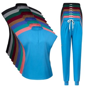 Uniforme de enfermera de exfoliación médica de moda de alta calidad, logotipo personalizado, 15 colores sólidos, pantalones elásticos con cuello levantado, tela de punto - Product Image 3