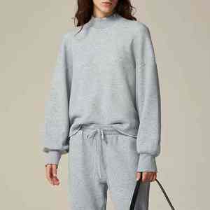 Sudadera de felpa de algodón francés para mujer, Color liso bordado, cuello simulado, estilo informal de gran tamaño para Primavera, otoño e invierno, Frente - Product Image 5