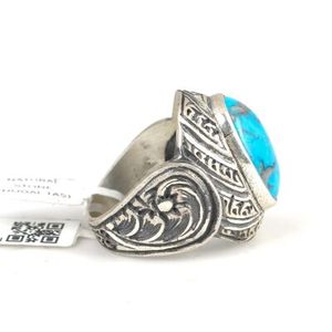 925 Sterling <b>Silver</b> Men's <b>Statement</b> <b>Ring</b> with Oval Turquoise Topaz Stone Bezel Setting for Everyday Wear - Product Image 5