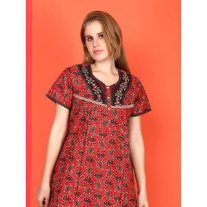 Evolove Women's Cotton Maxi <b>Nighty</b> Printed Short Sleeves Full-Length Side Pocket Bow Collar (LNGCO3325RD) - Product Image 2