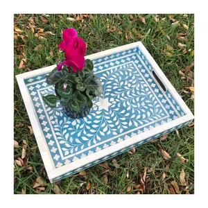 Bandeja de servicio antigua, bandeja de incrustaciones de hueso hecha a mano india con diseño de resina Floral para decoración del hogar, almacenamiento de cocina, servicio de comida de lujo - Product Image 1