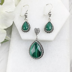 Pendientes colgantes de plata 925 de lujo, piedras preciosas de malaquita verde Natural, joyería colgante artesanal para compromiso - Product Image 1