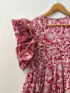 Robe tunique courte unique pour femme Style ethnique Boho multicolore sans manches bouton décoration main bloc imprimé 100% coton naturel - Product Image 4