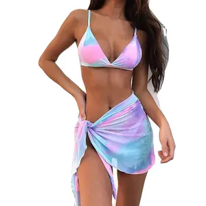 Conjunto de Bikini de tres piezas con tinte de corbata para mujer, pareos, falda de playa, traje de baño triangular con cuello Halter, patrones naturales - Product Image 1