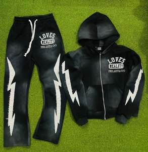 Chándales de algodón de alta calidad personalizados, pantalones de chándal acampanados de felpa francesa y Sudadera con capucha, conjunto de chándal de lavado ácido para hombre - Product Image 3